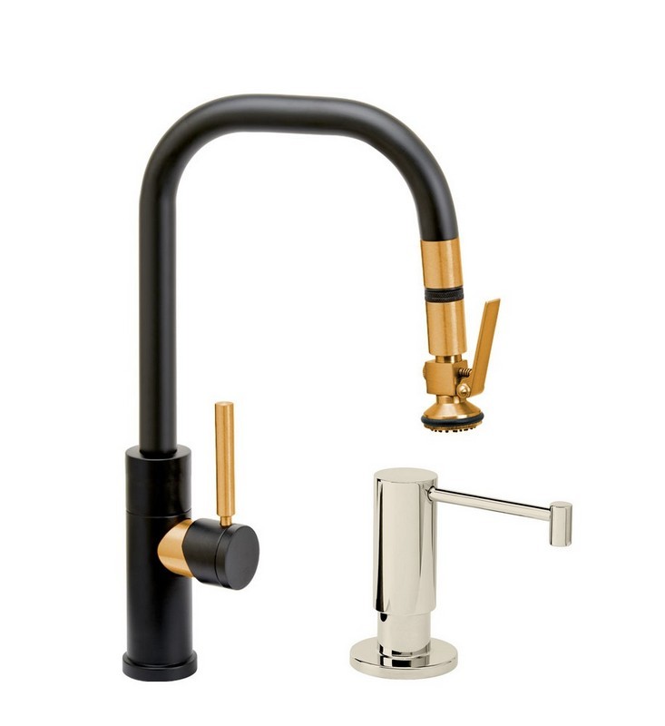 WATERSTONE FAUCETS 10390-2 FULTON 15 1/4 INCH MODERN LEVER SPRAYER ANGLE SPOUT PREP SIZE PLP PULLDOWN FAUCET WITH SOAP DISPENSER