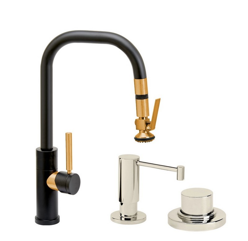 WATERSTONE FAUCETS 10390-3 FULTON 15 1/4 INCH MODERN LEVER SPRAYER ANGLE SPOUT PREP SIZE PLP PULLDOWN FAUCET WITH SOAP DISPENSER AND AIR SWITCH