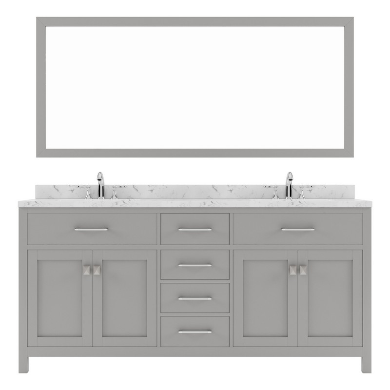 VIRTU USA MD-2072-CMRO-002 CAROLINE 72 INCH DOUBLE BATH VANITY WITH WHITE QUARTZ TOP AND ROUND SINKS WITH POLISHED CHROME FAUCETS WITH MATCHING MIRROR