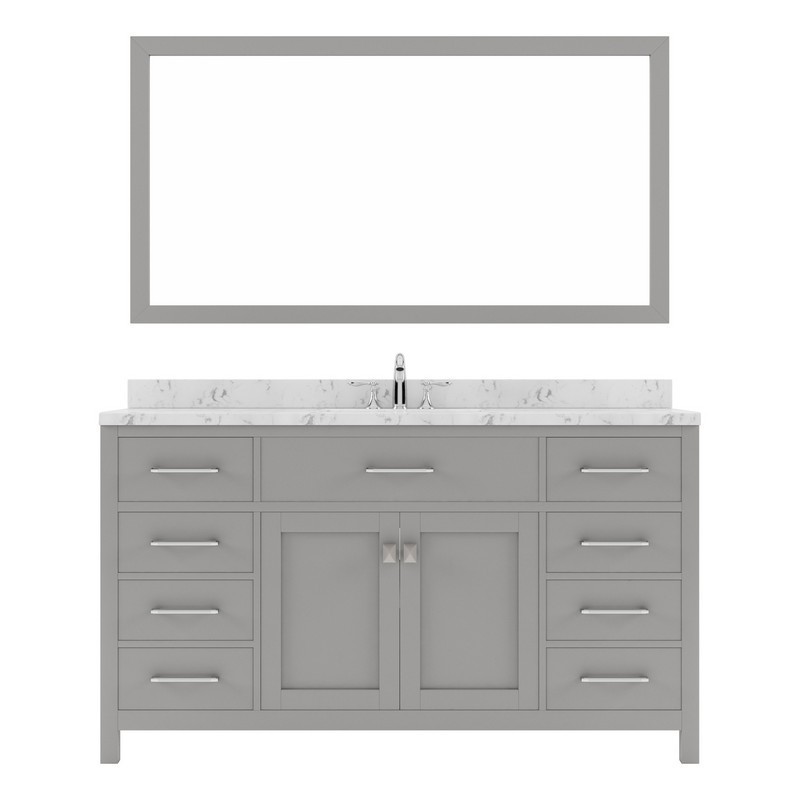 VIRTU USA MS-2060-CMRO-002 CAROLINE 60 INCH SINGLE BATH VANITY WITH WHITE QUARTZ TOP AND ROUND SINK WITH POLISHED CHROME FAUCET WITH MATCHING MIRROR