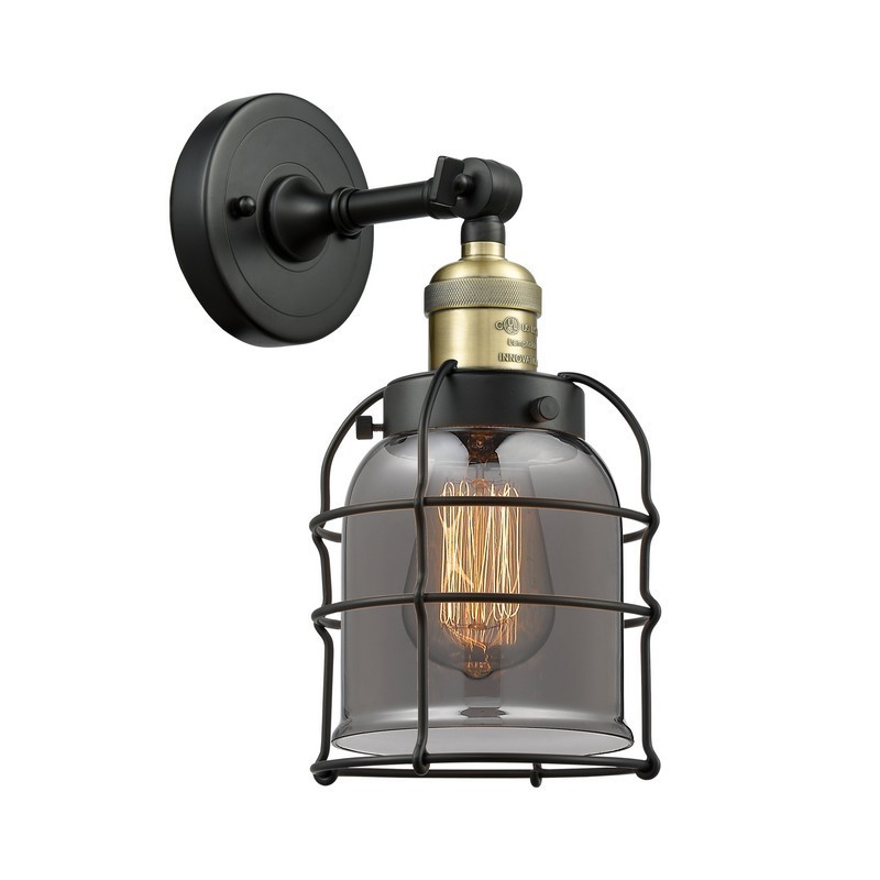 INNOVATIONS LIGHTING 203-G53-CE FRANKLIN RESTORATION SMALL BELL CAGE 1 LIGHT 6 INCH PLATED SMOKED GLASS WALL SCONCE