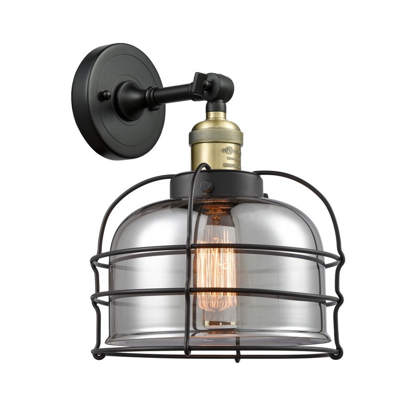 INNOVATIONS LIGHTING 203-G73-CE LARGE BELL CAGE FRANKLIN RESTORATION 1 LIGHT 9 INCH PLATED SMOKED GLASS WALL SCONCE