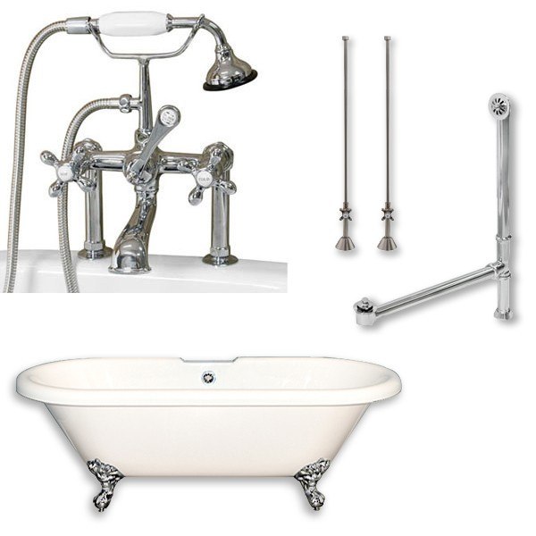CAMBRIDGE PLUMBING ADE-PKG-7DH ACRYLIC DOUBLE ENDED CLAWFOOT BATHTUB 70 X 30 INCH WITH 7 INCH DECK MOUNT FAUCET DRILLINGS AND COMPLETE PLUMBING PACKAGE