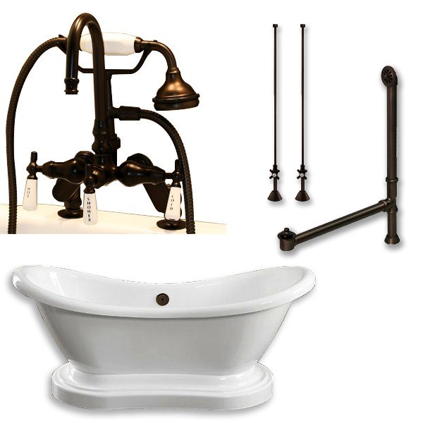 CAMBRIDGE PLUMBING ADES-PED-684D-PKG-7DH ACRYLIC DOUBLE ENDED PEDESTAL SLIPPER BATHTUB 68 X 28 INCH WITH 7 INCH DECK MOUNT FAUCET DRILLINGS AND PLUMBING PACKAGE