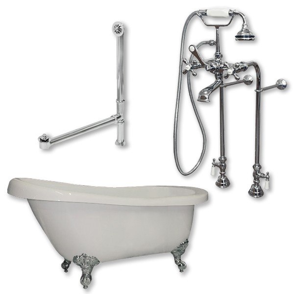 CAMBRIDGE PLUMBING AST61-PKG-NH ACRYLIC SLIPPER BATHTUB 61 X 30 INCH WITH NO FAUCET DRILLINGS AND COMPLETE PLUMBING PACKAGE
