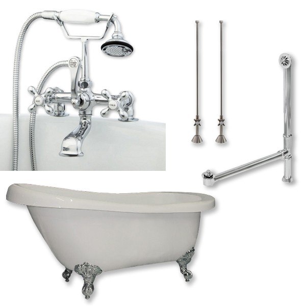 CAMBRIDGE PLUMBING AST61-PKG-7DH ACRYLIC SLIPPER BATHTUB 61 X 30 INCH WITH 7 INCH DECK MOUNT FAUCET DRILLINGS AND COMPLETE PLUMBING PACKAGE