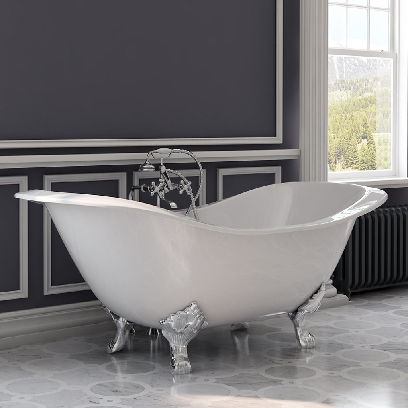 CAMBRIDGE PLUMBING DES-398463-PKG-CP-NH CAST IRON DOUBLE ENDED SLIPPER TUB 71 X 30 INCH WITH FREE STANDING BRITISH TELEPHONE FAUCET AND HAND SHOWER PLUMBING PACKAGE