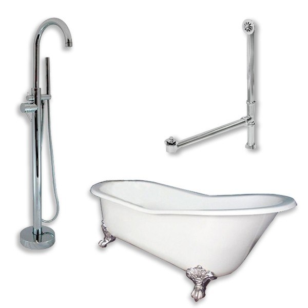 CAMBRIDGE PLUMBING ST61-150-PKG-NH CAST IRON SLIPPER CLAWFOOT TUB 61 X 30 INCH WITH MODERN FREESTANDING TUB FILLER AND HAND SHOWER ASSEMBLY PLUMBING PACKAGE