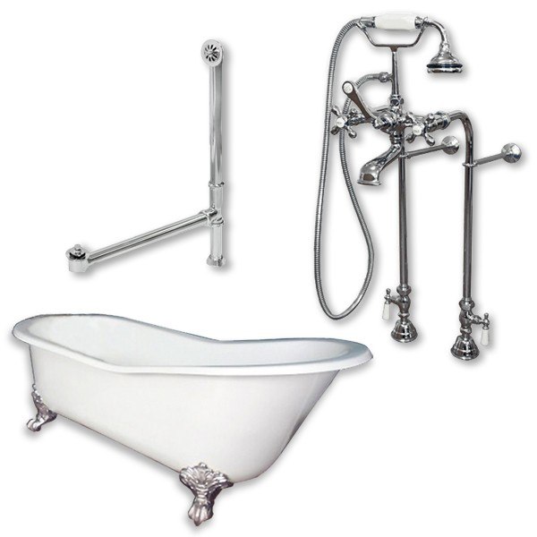 CAMBRIDGE PLUMBING ST61-398463-PKG-NH CAST IRON SLIPPER CLAWFOOT TUB 61 X 30 INCH WITH FREE STANDING BRITISH TELEPHONE FAUCET AND HAND SHOWER PACKAGE