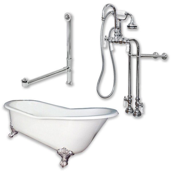 CAMBRIDGE PLUMBING ST61-398684-PKG-NH CAST IRON SLIPPER CLAWFOOT TUB 61 X 30 INCH WITH FREE STANDING FAUCET AND HAND SHOWER ASSEMBLY PLUMBING PACKAGE