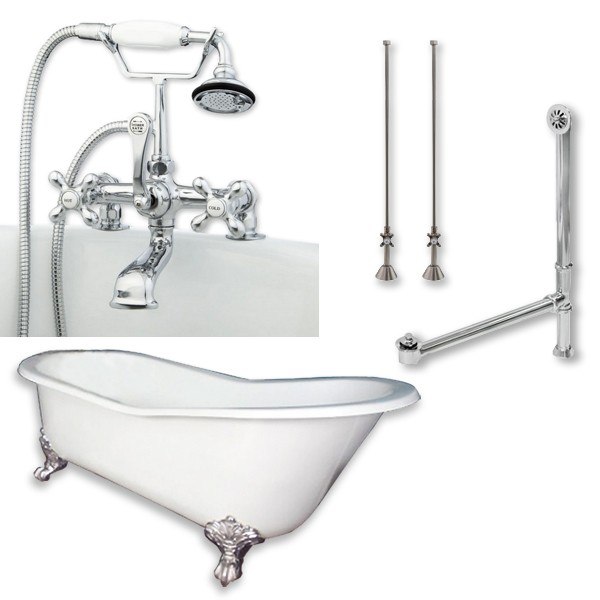 CAMBRIDGE PLUMBING ST67-463D-2-PKG-7DH CAST IRON SLIPPER CLAWFOOT TUB 67 X 30 INCH WITH 7 INCH DECK MOUNT FAUCET DRILLINGS