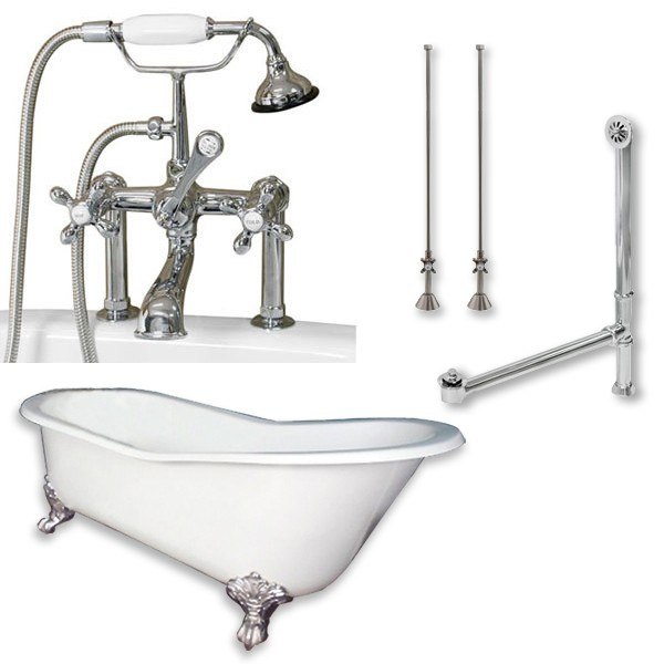 CAMBRIDGE PLUMBING ST67-463D-6-PKG-7DH CAST IRON SLIPPER CLAWFOOT TUB 67 INCH X 30 INCH WITH BRITISH TELEPHONE STYLE FAUCET AND SIX INCH DECK MOUNT RISERS