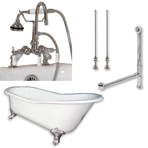 CAMBRIDGE PLUMBING ST67-684D-PKG-7DH CAST IRON SLIPPER CLAWFOOT TUB 67 INCH X 30 INCH WITH 7 INCH DECK MOUNT FAUCET DRILLINGS AND COMPLETE PLUMBING PACKAGE