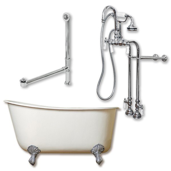 CAMBRIDGE PLUMBING SWED54-398684-PKG-NH CAST IRON SWEDISH SLIPPER TUB 54 X 30 INCH WITH FREE STANDING FAUCET AND HAND SHOWER ASSEMBLY PLUMBING PACKAGE