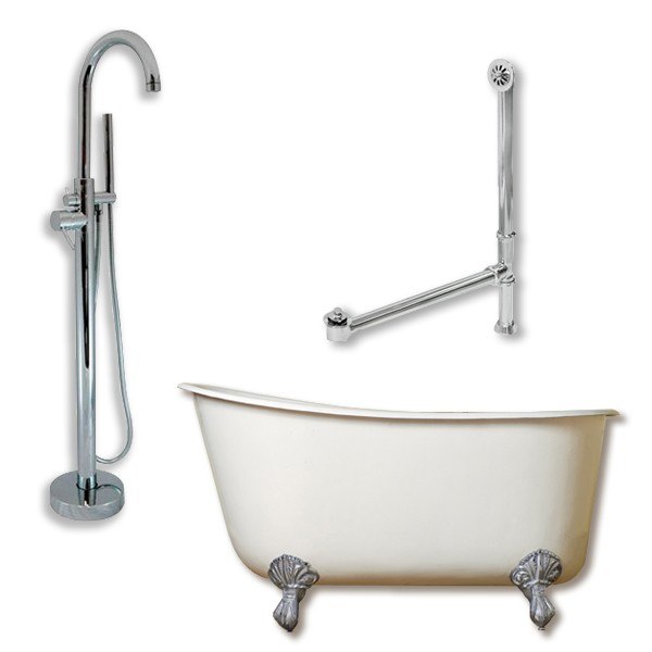 CAMBRIDGE PLUMBING SWED58-150-PKG-NH CAST IRON SWEDISH SLIPPER TUB 58 X 30 INCH WITH MODERN FREESTANDING TUB FILLER AND HAND SHOWER ASSEMBLY PLUMBING PACKAGE