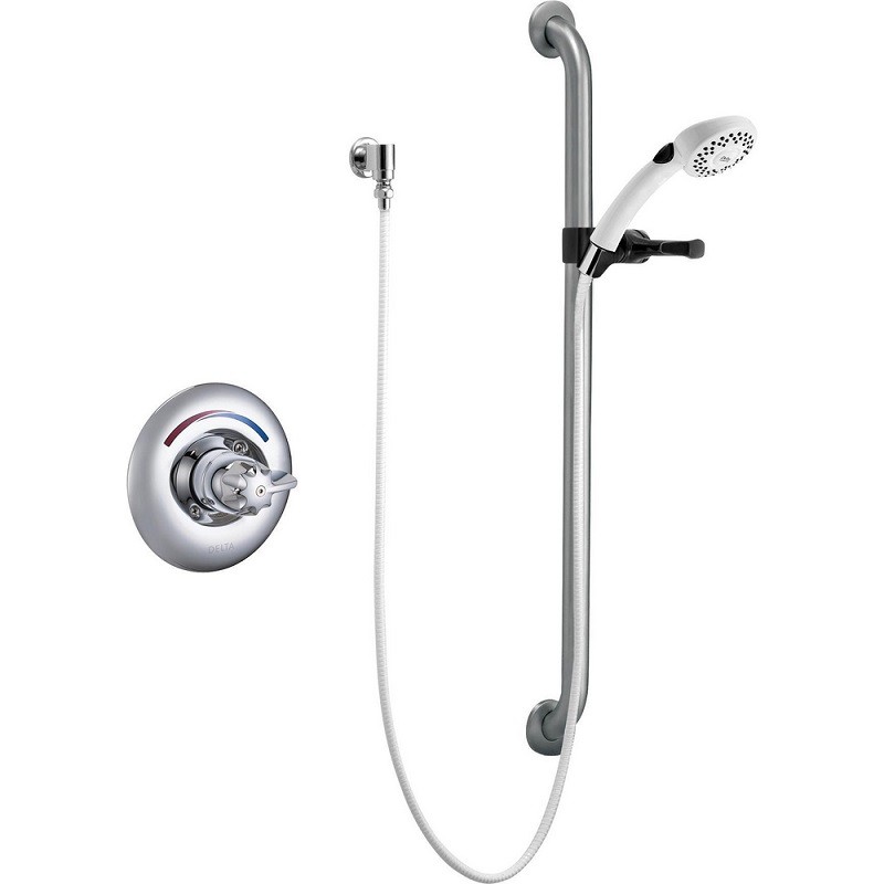 DELTA T13H153-05 COMMERCIAL SINGLE HANDLE HAND SHOWER VALVE TRIM ONLY WITH METAL BLADE HANDLE, 36 INCH COMBINATION GRAB OR SLIDE BAR - POLISHED CHROME