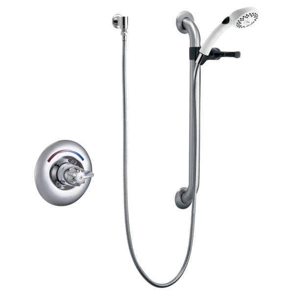 DELTA T13H153-20 COMMERCIAL SINGLE HANDLE HAND SHOWER VALVE TRIM ONLY WITH METAL BLADE HANDLE, 24 INCH COMBINATION GRAB OR SLIDE BAR - POLISHED CHROME
