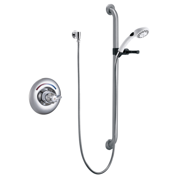 DELTA T13H153-25 COMMERCIAL SINGLE HANDLE HAND SHOWER VALVE TRIM ONLY WITH METAL BLADE HANDLE, 36 INCH COMBINATION GRAB OR SLIDE BAR - POLISHED CHROME