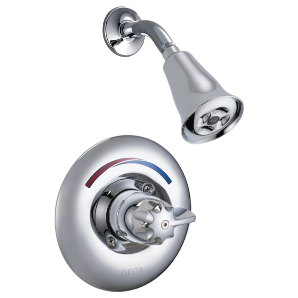 DELTA T13H183 COMMERCIAL SINGLE HANDLE SHOWER VALVE TRIM WITH METAL BLADE HANDLE AND H2OKINETIC SINGLE-FUNCTION SHOWER HEAD - POLISHED CHROME
