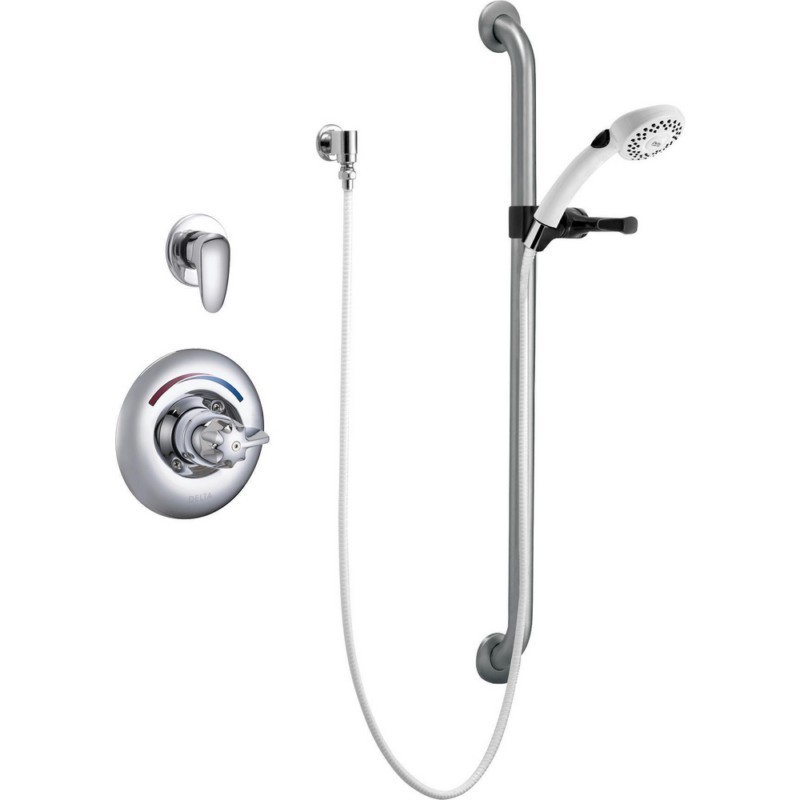DELTA T13H303-05 COMMERCIAL SINGLE HANDLE HAND SHOWER VALVE TRIM WITH METAL BLADE HANDLE AND 36 INCH GRAB OR SLIDE BAR - POLISHED CHROME