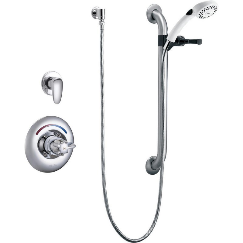 DELTA T13H303-20 COMMERCIAL SINGLE HANDLE HAND SHOWER VALVE TRIM WITH METAL BLADE 24 INCH GRAB OR SLIDE BAR AND 69 INCH HOSE - POLISHED CHROME
