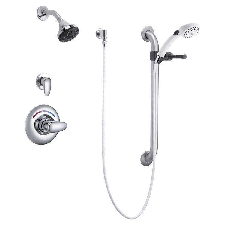 DELTA T13H332-05 COMMERCIAL PRESSURE BALANCE SHOWER TRIM WITH SHOWER HEAD, PERSONAL HAND SHOWER AND SLIDE BAR - POLISHED CHROME