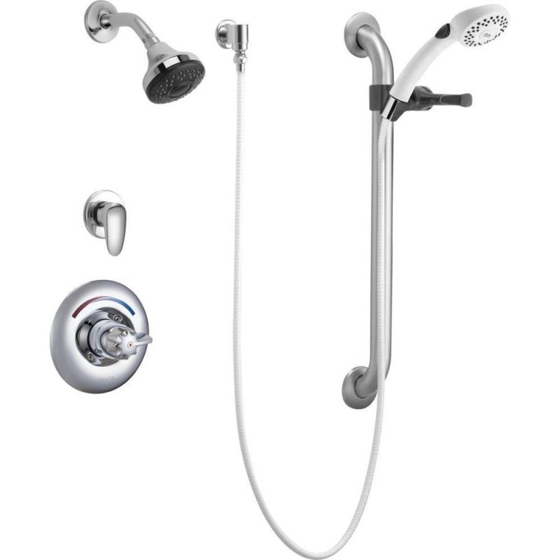 DELTA T13H333-05 COMMERCIAL SINGLE HANDLE SHOWER VALVE TRIM WITH 1.5 GPM SINGLE-FUNCTION SHOWER HEAD PERSONAL HAND SHOWER 36 INCH GRAB OR SLIDE BAR AND METAL BLADE HANDLE - POLISHED CHROME