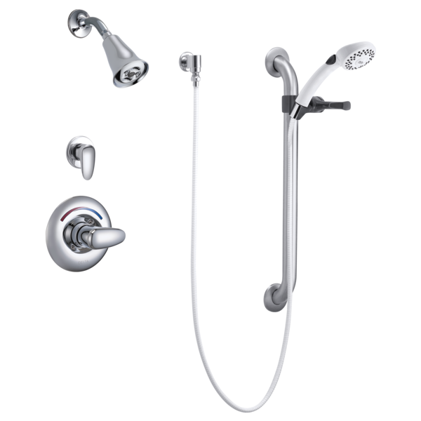 DELTA T13H382 COMMERCIAL SINGLE HANDLE SHOWER VALVE TRIM WITH H2OKINETIC SINGLE-FUNCTION SHOWER HEAD PERSONAL HAND SHOWER 24 INCH GRAB OR SLIDE BAR AND METAL LEVER HANDLE - POLISHED CHROME