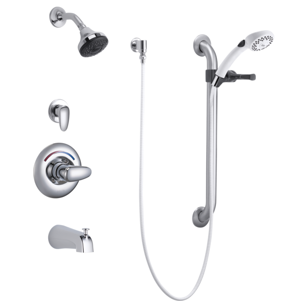 DELTA T13H932 COMMERCIAL SINGLE HANDLE TUB AND SHOWER VALVE TRIM WITH 1.5 GPM SINGLE-FUNCTION SHOWER HEAD 24 INCH GRAB OR SLIDE BAR AND METAL LEVER HANDLE - POLISHED CHROME