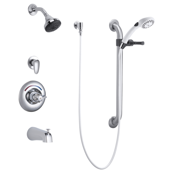 DELTA T13H933 COMMERCIAL SINGLE BLADE HANDLE TUB AND SHOWER VALVE TRIM WITH 1.5 GPM SINGLE-FUNCTION SHOWER HEAD, 24 INCH GRAB OR SLIDE BAR - POLISHED CHROME
