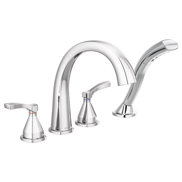 DELTA T4777 STRYKE 10 3/4 INCH DOUBLE LEVER HANDLE DECK MOUNT ROMAN TUB FAUCET WITH HAND SHOWER