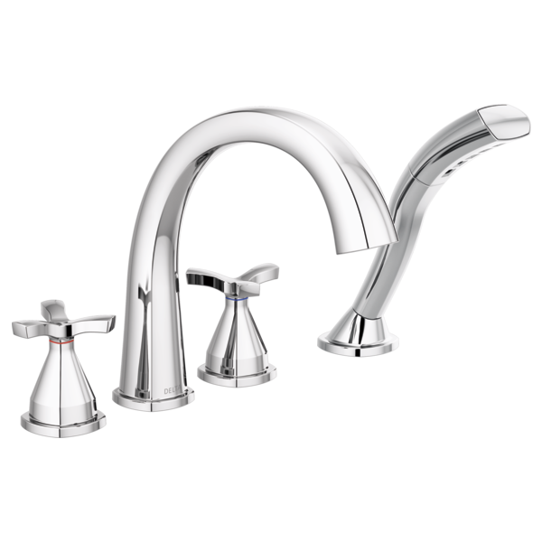 DELTA T47776 STRYKE 10 3/4 INCH DOUBLE CROSS HANDLE DECK MOUNT ROMAN TUB FAUCET WITH HAND SHOWER