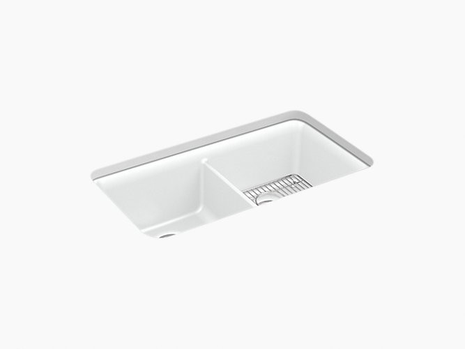 KOHLER K-8199 CAIRN 33-1/2 INCH NEOROC GRANITE COMPOSITE UNDERMOUNT DOUBLE EQUAL BASIN KITCHEN SINK WITH ONE SINK RACK INCLUDED