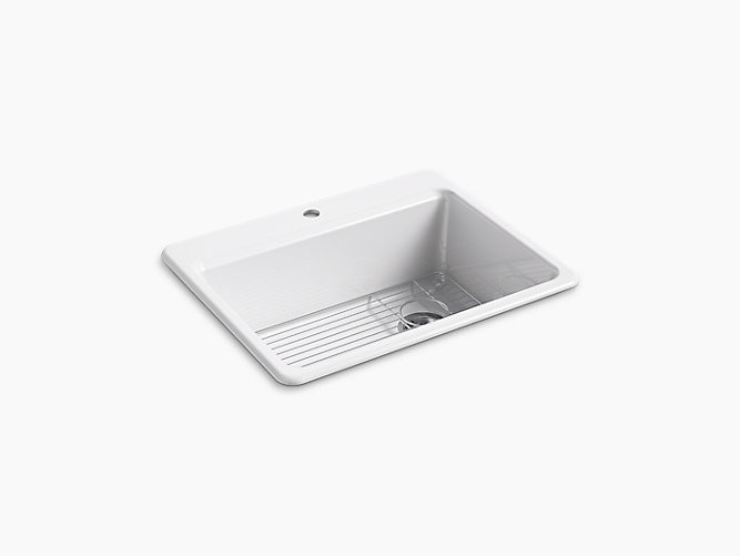 KOHLER K-8668-1A1 RIVERBY 27 INCH SINGLE BASIN CAST IRON KITCHEN SINK FOR DROP IN INSTALLATIONS - BASIN RACK INCLUDED
