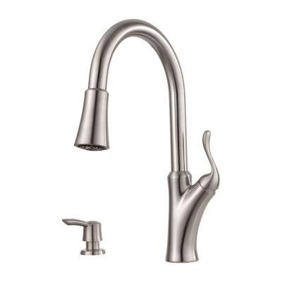 PFISTER F-529-7TNS EAGAN 16 3/8 INCH SINGLE LEVER HANDLE DECK MOUNT PULL-DOWN KITCHEN FAUCET WITH SOAP DISPENSER - STAINLESS STEEL