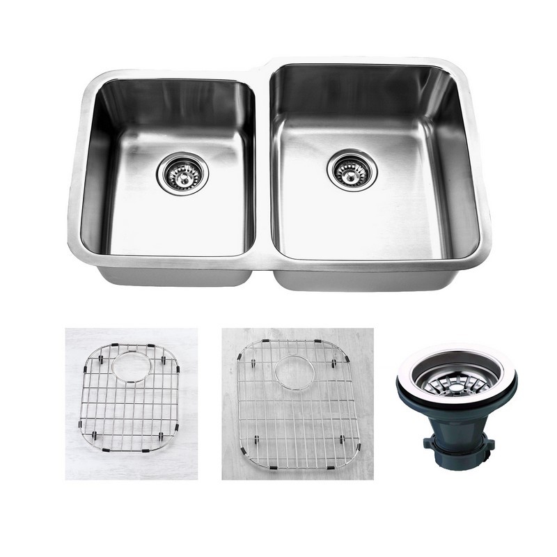 EMPIRE INDUSTRIES A-15RC ATLAS 32 INCH UNDERMOUNT 18 GAUGE STAINLESS STEEL 45/55 DOUBLE BOWL KITCHEN SINK WITH GRID AND STRAINER