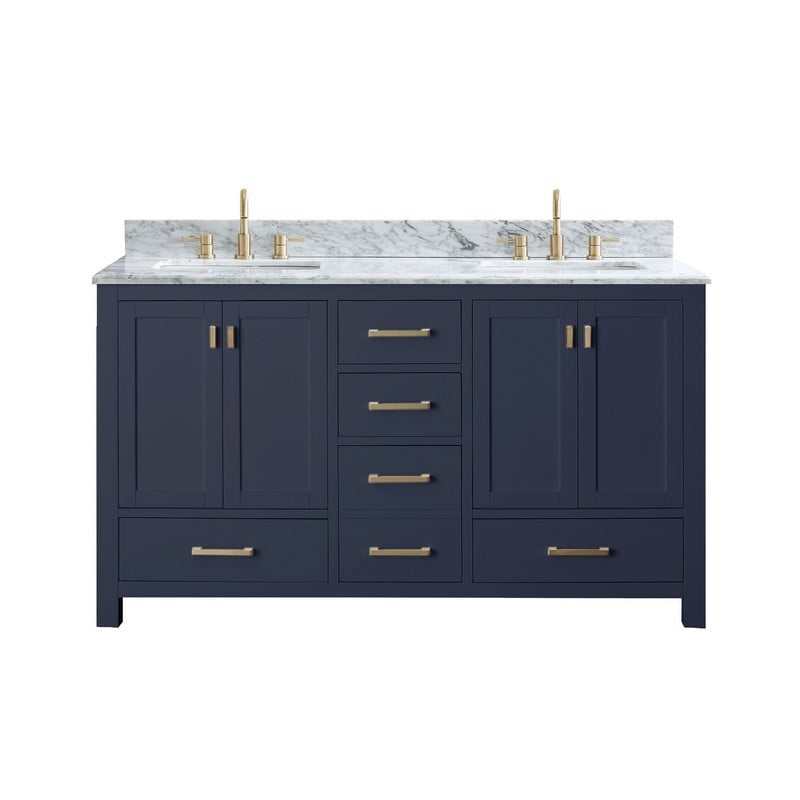 AVANITY MODERO-VS60-NB-C MODERO 61 INCH DOUBLE VANITY IN NAVY BLUE WITH CARRARA WHITE MARBLE TOP