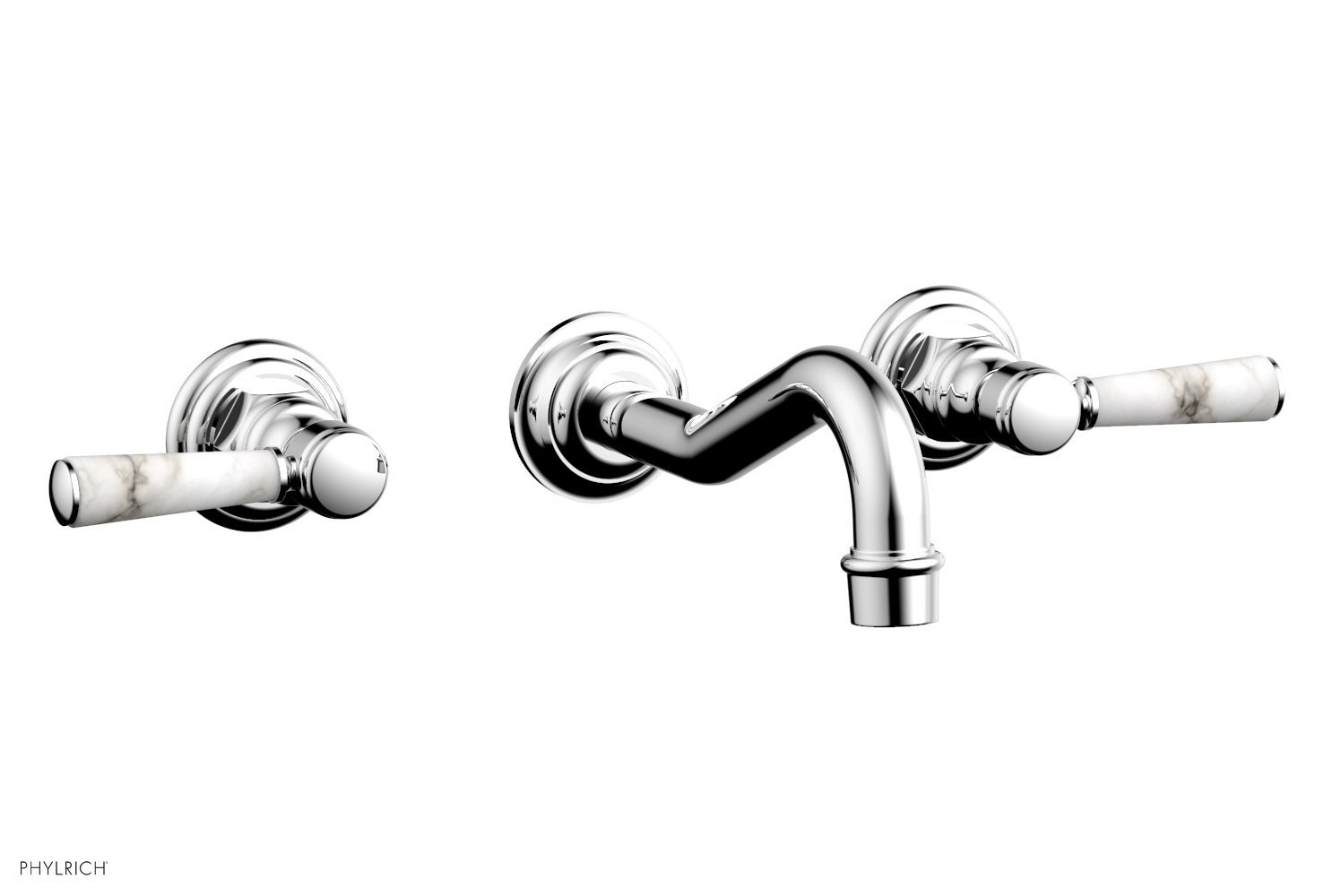 PHYLRICH 161-13-031 HENRI THREE HOLE WALL MOUNT BATHROOM FAUCET WITH WHITE MARBLE LEVER HANDLES
