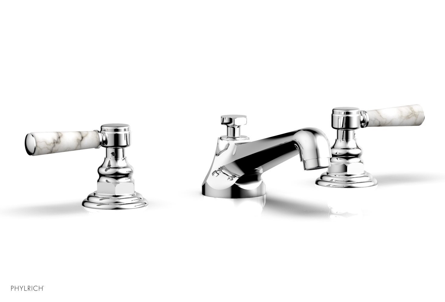 PHYLRICH 500-03-031 HEX TRADITIONAL THREE HOLE WIDESPREAD BATHROOM FAUCET WITH WHITE MARBLE LEVER HANDLES