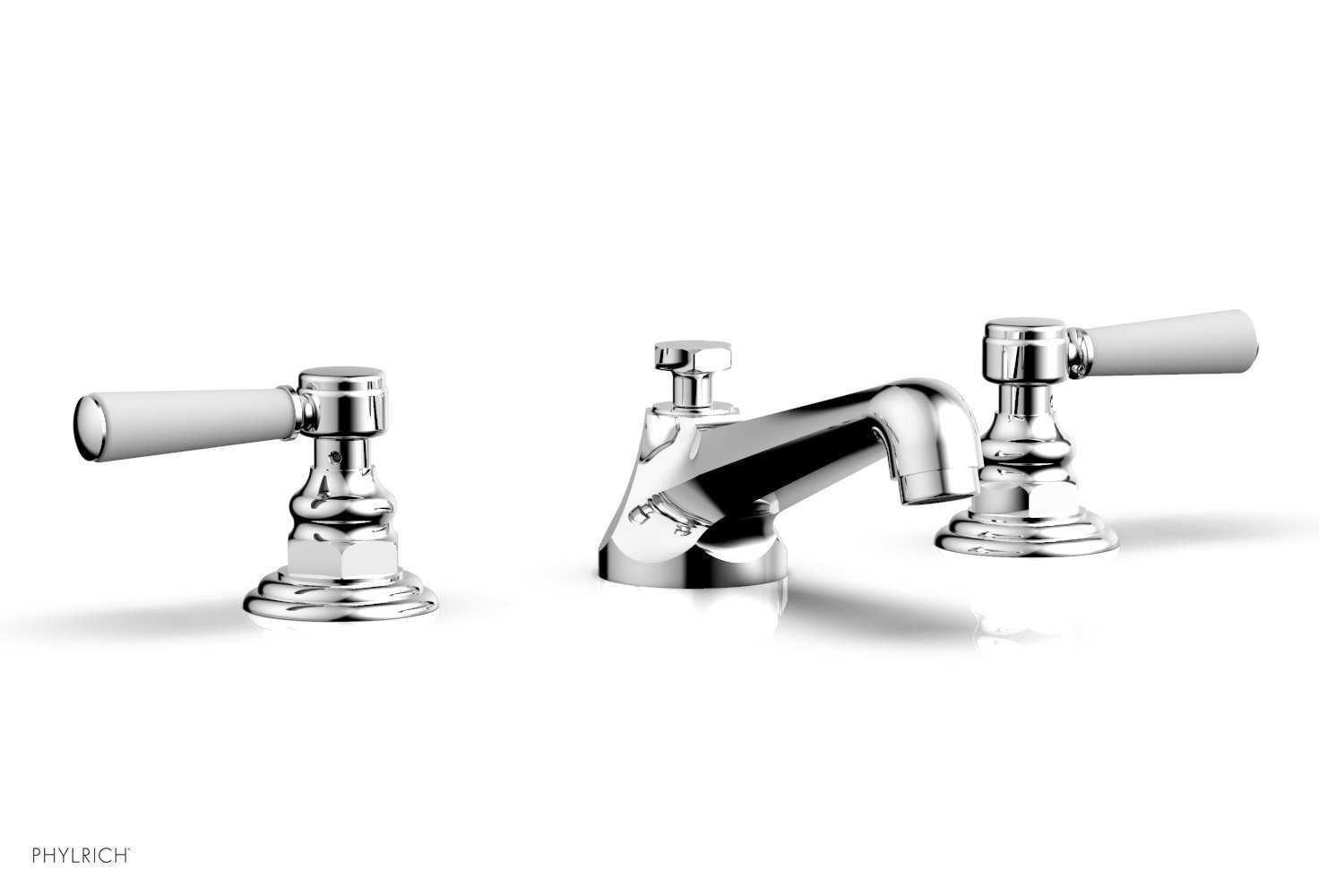 PHYLRICH 500-03-050 HEX TRADITIONAL THREE HOLE WIDESPREAD BATHROOM FAUCET WITH SATIN WHITE LEVER HANDLES