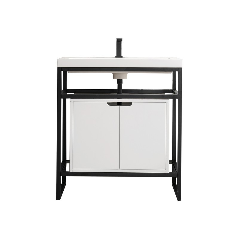 JAMES MARTIN C105V31.5MBKSCGWWG BOSTON 31.5 INCH STAINLESS STEEL SINK CONSOLE IN MATTE BLACK WITH GLOSSY WHITE STORAGE CABINET IN WHITE GLOSSY COMPOSITE COUNTERTOP
