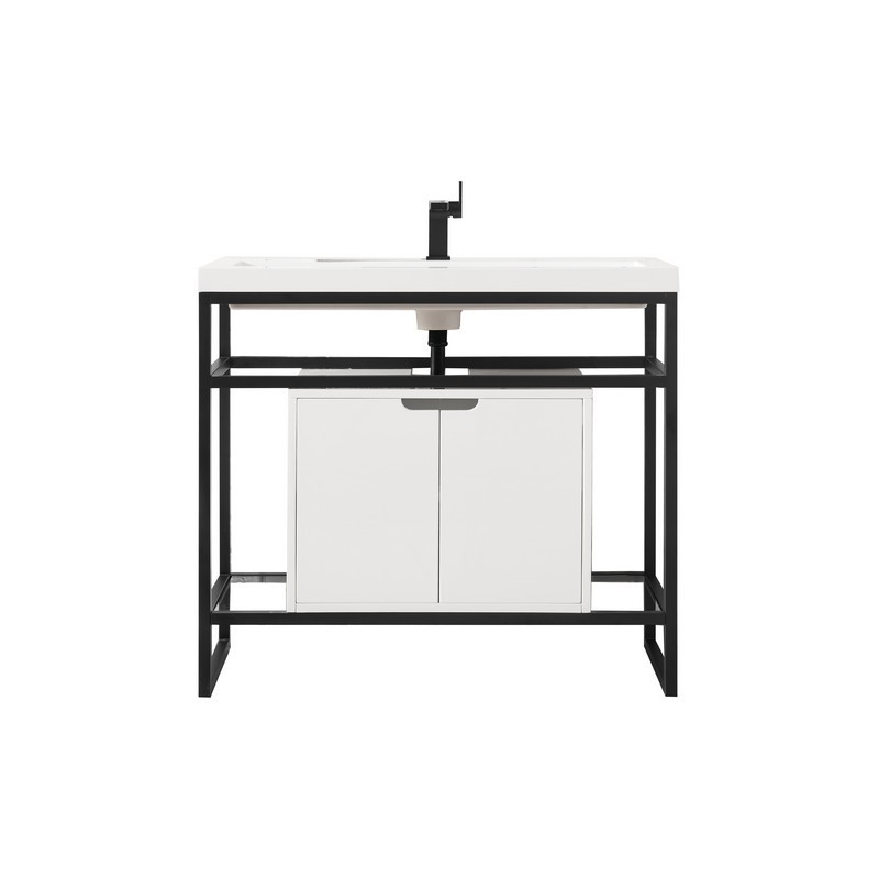 JAMES MARTIN C105V39.5MBKSCGWWG BOSTON 39.5 INCH STAINLESS STEEL SINK CONSOLE IN MATTE BLACK WITH GLOSSY WHITE STORAGE CABINET IN WHITE GLOSSY COMPOSITE COUNTERTOP