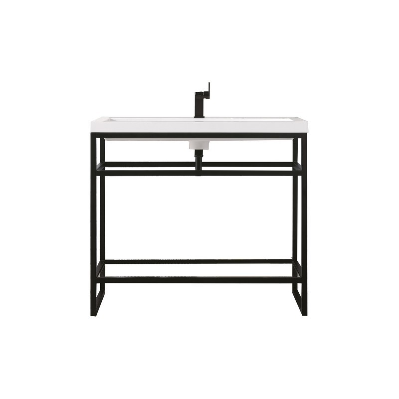 JAMES MARTIN C105V39.5MBKWG BOSTON 39.5 INCH STAINLESS STEEL SINK CONSOLE IN MATTE BLACK WITH WHITE GLOSSY COMPOSITE COUNTERTOP