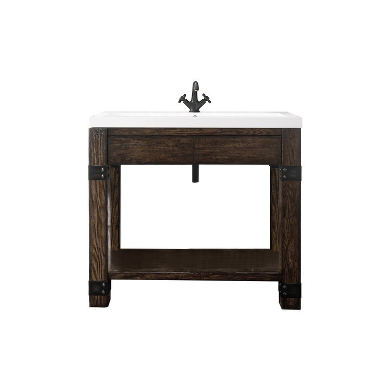JAMES MARTIN C205V39.5RSAWG BROOKLYN 39.5 INCH WOODEN SINK CONSOLE IN RUSTIC ASH WITH WHITE GLOSSY COMPOSITE COUNTERTOP