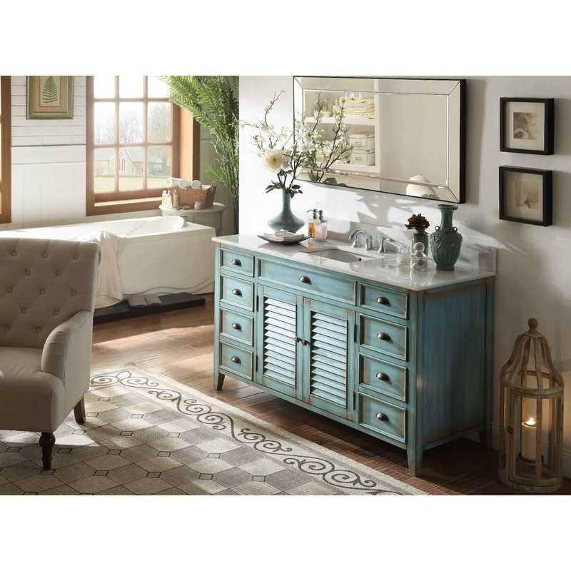CHANS FURNITURE CF-66323BU-60 60 INCHES ABBEVILLE SINGLE SINK BATHROOM VANITY IN DISTRESSED BLUE