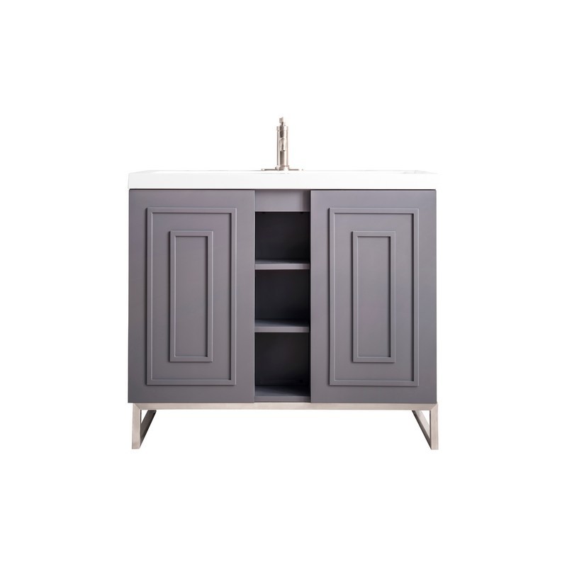JAMES MARTIN E110V39.5GSMBNKWG ALICANTE' 39.5 INCH SINGLE VANITY CABINET IN GREY SMOKE AND BRUSHED NICKEL WITH WHITE GLOSSY COMPOSITE COUNTERTOP