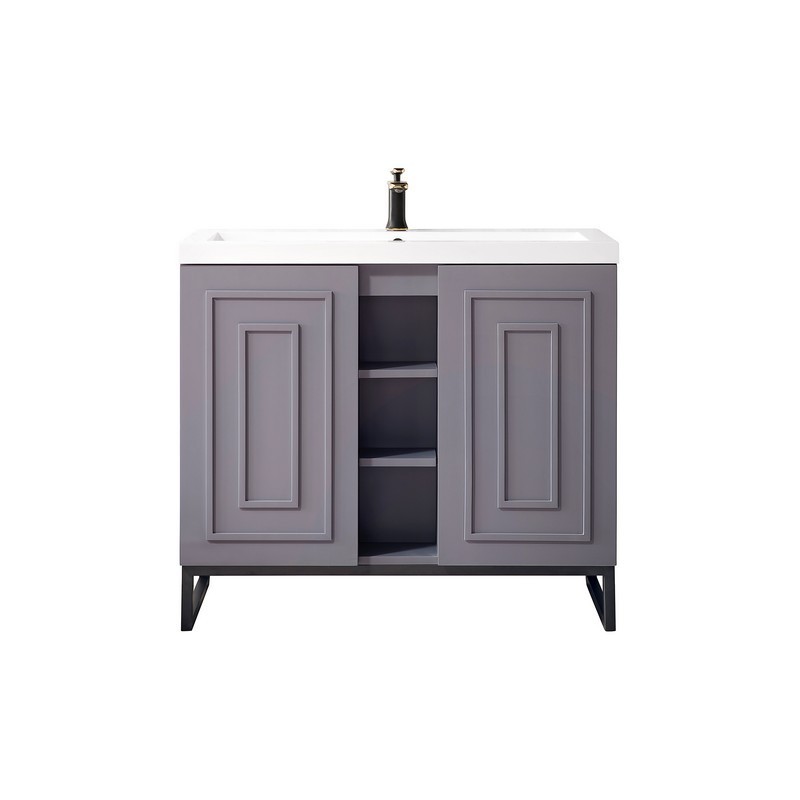 JAMES MARTIN E110V39.5GSMMBKWG ALICANTE' 39.5 INCH SINGLE VANITY CABINET IN GREY SMOKE AND MATTE BLACK WITH WHITE GLOSSY COMPOSITE COUNTERTOP