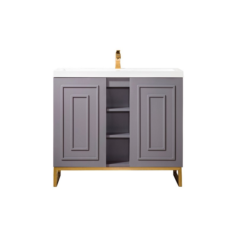 JAMES MARTIN E110V39.5GSMRGDWG ALICANTE' 39.5 INCH SINGLE VANITY CABINET IN GREY SMOKE AND RADIANT GOLD WITH WHITE GLOSSY COMPOSITE COUNTERTOP