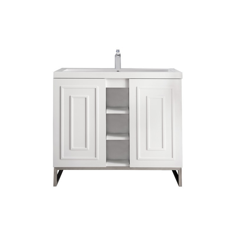 JAMES MARTIN E110V39.5GWBNKWG ALICANTE' 39.5 INCH SINGLE VANITY CABINET IN GLOSSY WHITE AND BRUSHED NICKEL WITH WHITE GLOSSY COMPOSITE COUNTERTOP