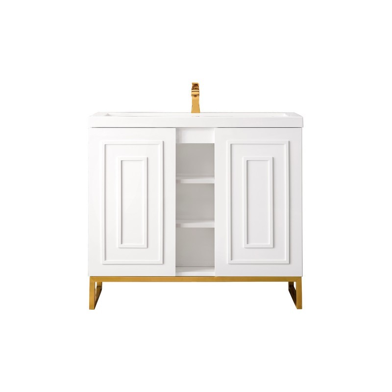 JAMES MARTIN E110V39.5GWRGDWG ALICANTE' 39.5 INCH SINGLE VANITY CABINET IN GLOSSY WHITE AND RADIANT GOLD WITH WHITE GLOSSY COMPOSITE COUNTERTOP